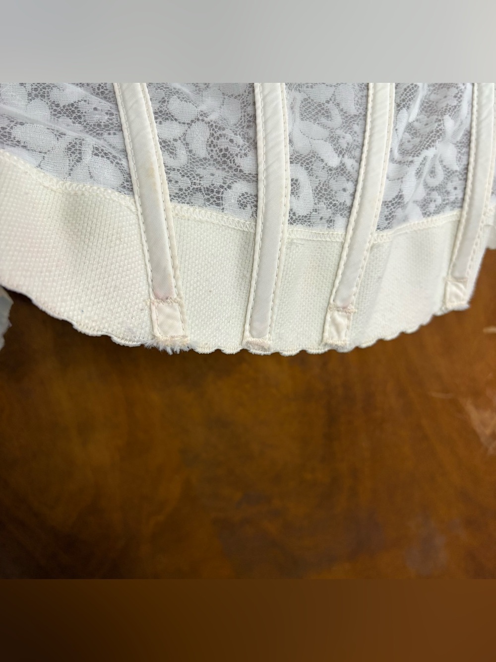 Vintage 70s Cream White Sheer Mesh Floral Lace Corset Top Bustier Longline Bra - Picture 7 of 16